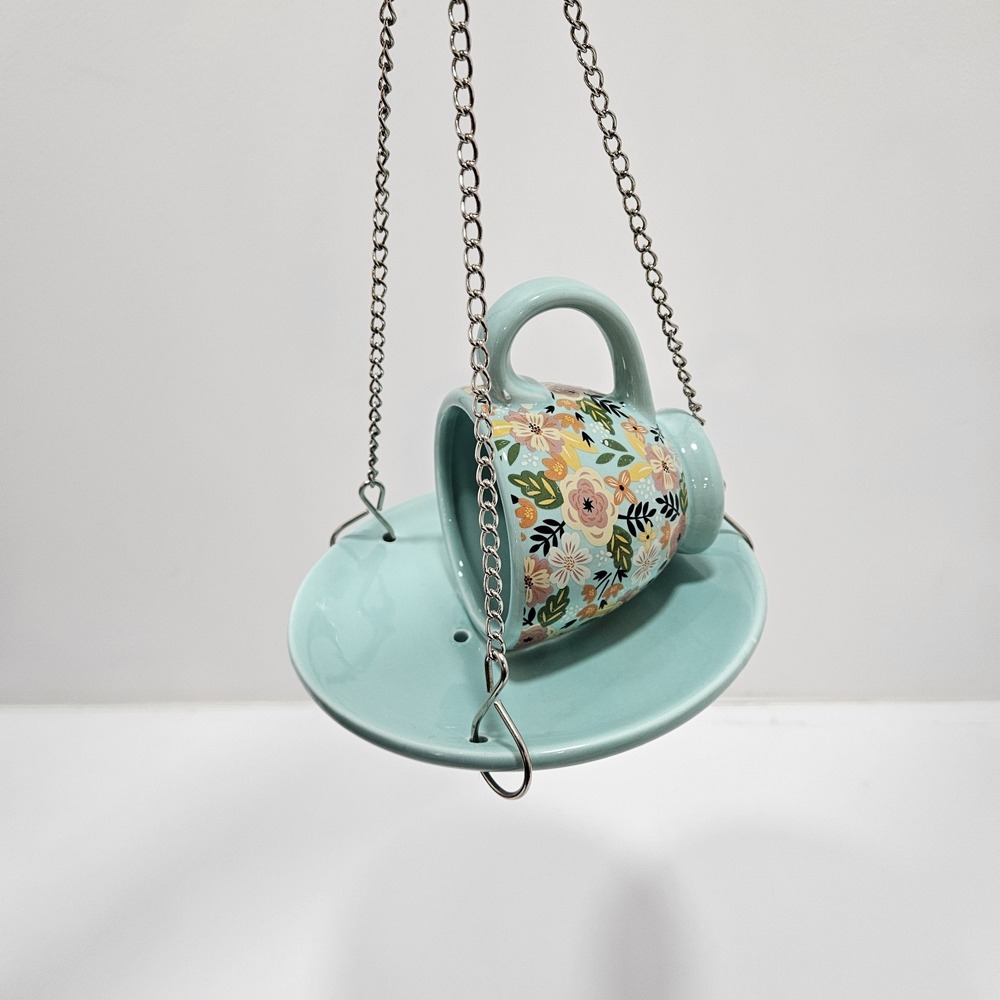 Tea Cup and Saucer Hanging Bird Feeder - Teal Blue Colorful Flowers - Paladone